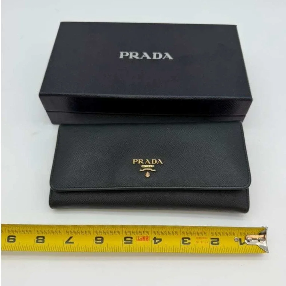 Authentic Prada Saffiano Black Continental Wallet Milano Gold Logo With Box - Picture 8 of 10